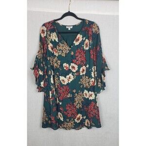 Umgee Dress S Mini Green Multicolor Floral Bell Sleeves Lined Oversized Flowy
